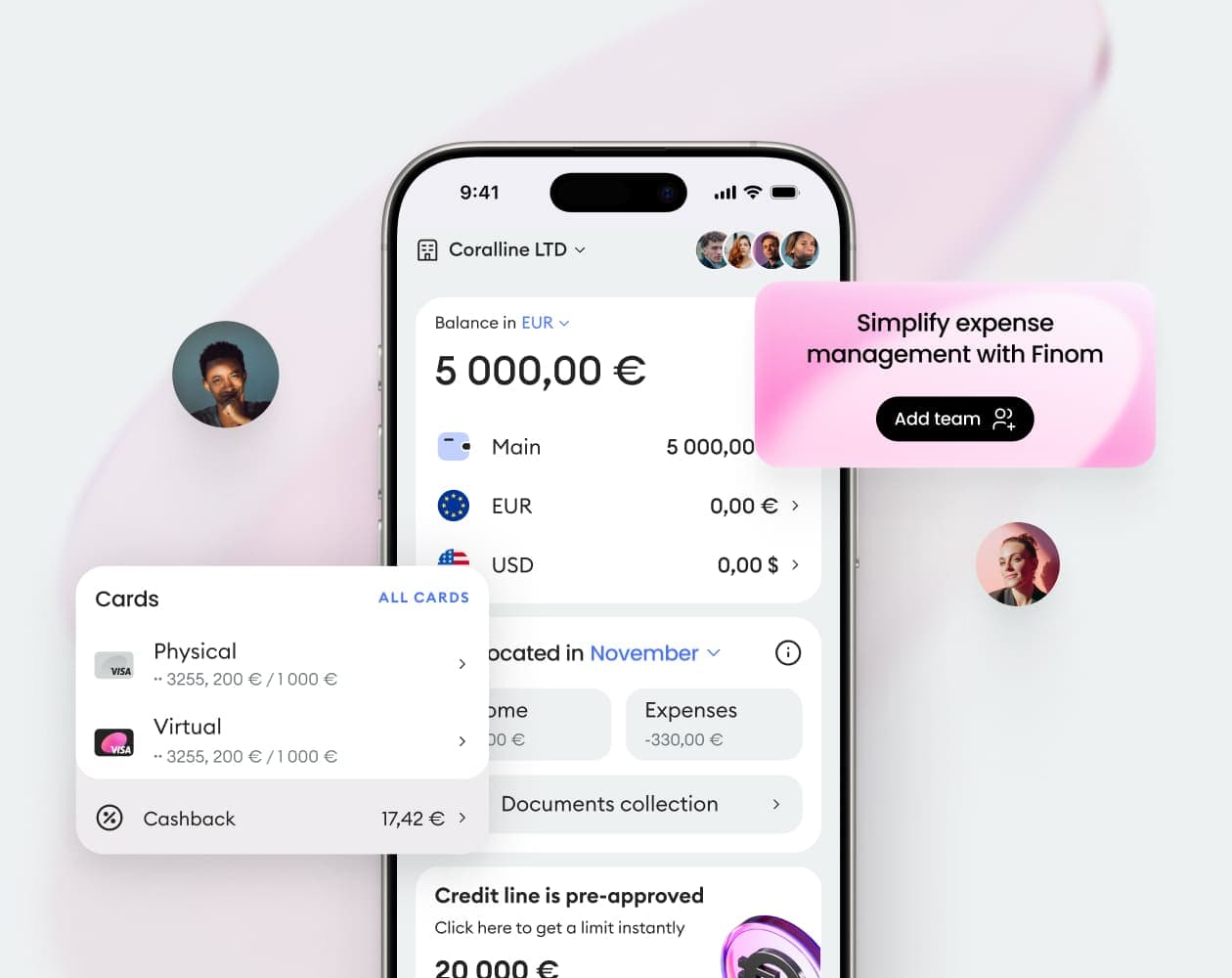 Finom mobile app dashboard with balance, cards and expense management widgets